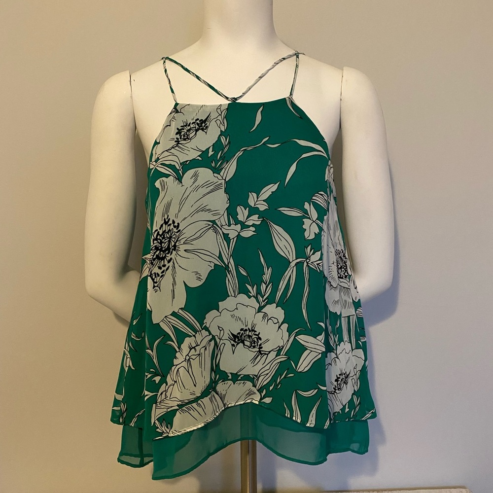 Womens Size Small Green Flower Print Tank Top Blouse